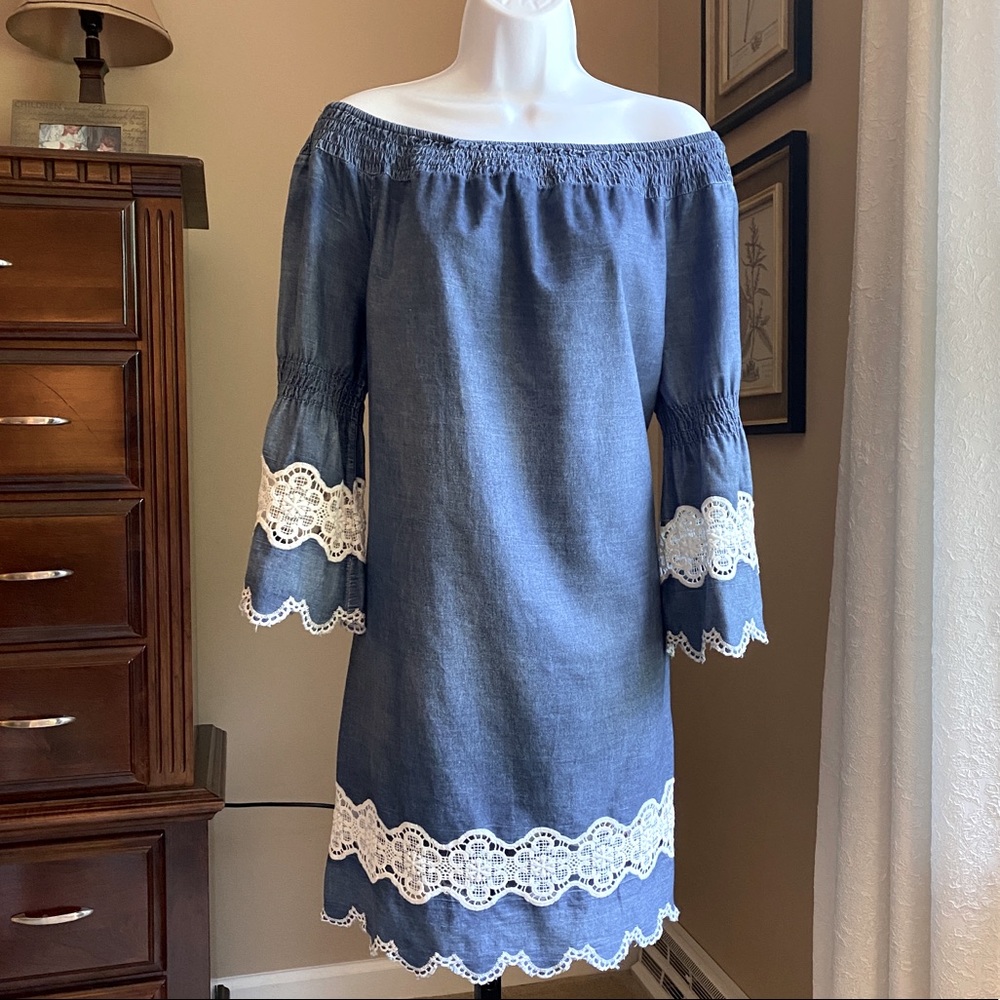 Denim Chambray and lace off the shoulder dress. Size Medium - Picture 1 of 6